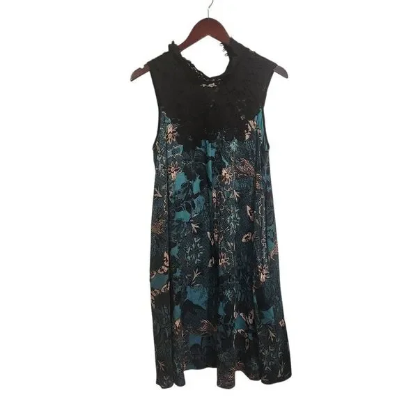 Anthropologie Maeve Black and Teal Floral Butterfly Swing Dress Small - Picture 2 of 6
